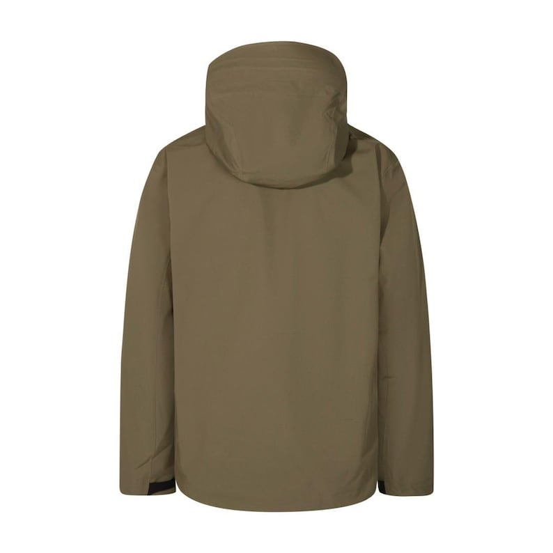 May include: Back view of a khaki-colored hooded jacket. The jacket has a high collar and a hood. The sleeves are long, and the jacket appears to be made of a durable, weather-resistant material. The jacket is designed for outdoor activities.