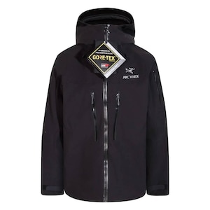May include: Black Arc'teryx Gore-Tex jacket with a hood and multiple zipped pockets. The jacket features the Gore-Tex and Arc'teryx logos. A tag with the Gore-Tex logo is attached. Designed for outdoor activities.