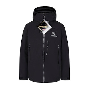 May include: Black hooded jacket with a full-length zipper, two side pockets, and a chest pocket. The jacket features the "GORE-TEX" and "Arc'teryx" logos. The jacket has a tag attached to the zipper.