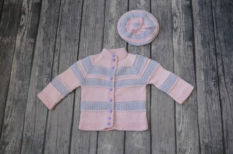 toddler clothes organic cotton, Sweater hat Set Toddler cardigan pink gray Cardigan Hand Knit Baby Girl Sweater Baby shower Gift