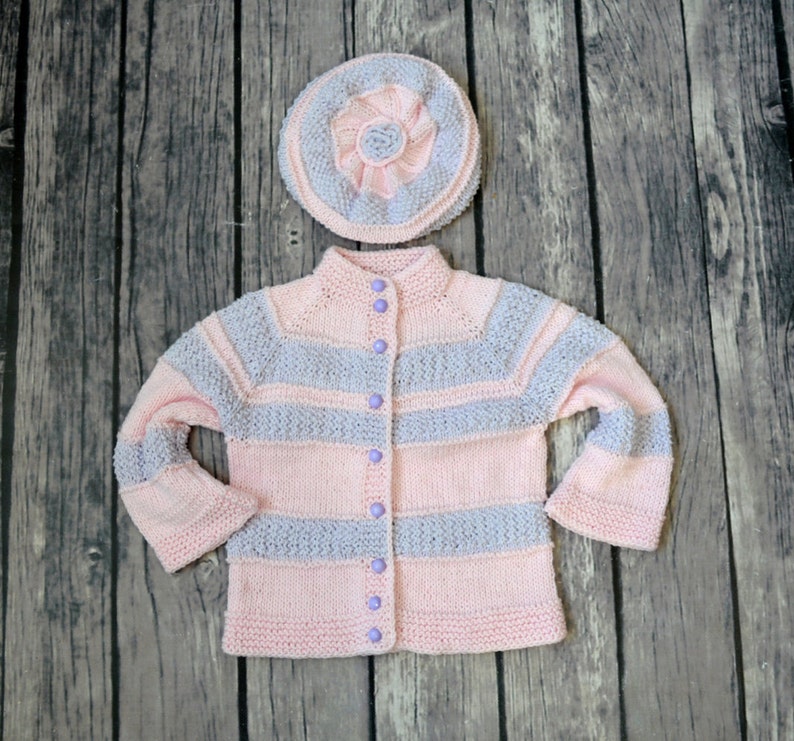 toddler clothes organic cotton, Sweater hat Set Toddler cardigan pink gray Cardigan Hand Knit Baby Girl Sweater Baby shower Gift
