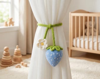 Handmade Crochet Curtain Tieback, Strawberry Sunflower Pumpkin Curtain Holdback, Boho Farmhouse Window Decor for Nursery Kids Room