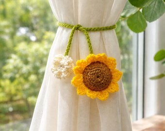 Boho Crochet Curtain Tieback, Cottagecore Strawberry Sunflower Pumpkin Window Decor for Nursery Kids Room