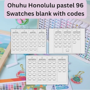 May include: A set of white paper swatch cards for Ohuhu Honolulu pastel 96 markers, featuring printed color category labels, individual cloud-shaped boxes for color testing, and specific marker codes for organization and reference.