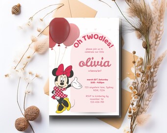 Oh Twodles Minnie Mouse verjaardagsuitnodiging roze aquarel bewerkbare sjabloon digitale 2e verjaardag Boho Instant Download