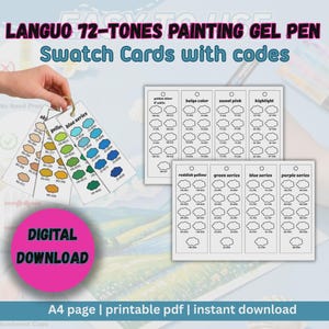 May include: A set of printable swatch cards for Languo 72-tones painting gel pens, featuring white paper sheets with cloud-shaped outlines, color category labels, and alphanumeric codes. Includes a digital download notice and A4 page text.