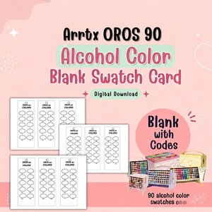Könnte beinhalten: Rosa Grafik mit dem Text "Arrtx OROS 90 Alcohol Color Blank Swatch Card" und "Digital Download". Das Bild zeigt mehrere leere Farbkarten und eine Anzeige von 90 Alkohol-Farbmustern.