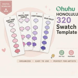 Op de afbeelding: Een digitaal downloadbare kleurensjablonen met vier kleurenpaletten: Soft Pink Family, Pastel Pink-Purple, Light Purple en Blue Violet. Elk palet toont een reeks tinten. De sjabloon is gelabeld "Ohuhu Honolulu 320 Swatch Template."