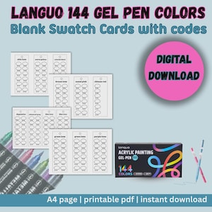 Pode incluir: Um download digital apresentando cartões de amostra em branco Languo 144 gel pen colors com códigos, um PDF imprimível em A4 e uma caixa preta rotulada Languo Acrylic Painting Gel-Pen 144 Colors com um gráfico de redemoinho colorido.