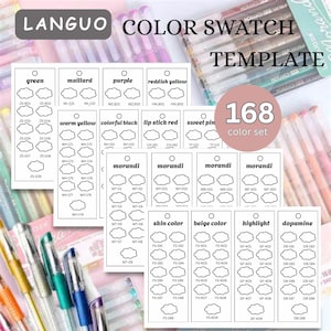 以下が含まれることがあります： 「LANGUO COLOR SWATCH TEMPLATE」のテキストが入ったカラー見本テンプレート。テンプレートには168色のセットが含まれており、それぞれに色の名前と対応するカラー見本が付いています。色の名前には、「グリーン」、「マイヤード」、「パープル」、「赤みがかったイエロー」、「ウォームイエロー」、「カラフルブラック」、「リップスティックレッド」、「スイートピン」、「モランディ」、「スキンカラー」、「ベージュカラー」、「ハイライト」、「ドーパミン」が含まれています。