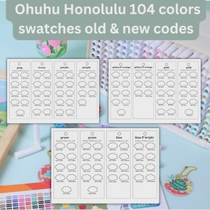 Peut inclure: Trois cartes d'échantillonnage rectangulaires blanches pour les marqueurs Ohuhu Honolulu 104, avec des colonnes classées par catégories de couleurs comme gris, marron, violet, jaune, orange, rose, vert et bleu. Chaque carte contient des nuages.