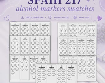 SFAIH 217 Kleurenkaart voor alcoholmarkers (printbaar PDF) - 216 kleuren + kleurloze blender, penseel- en fijne puntkleurenkaart, direct te downloaden