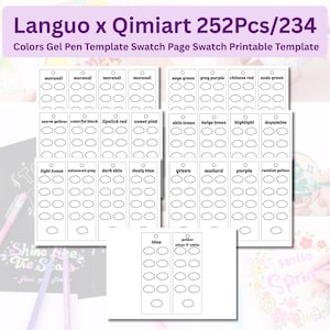 Peut inclure: Pages de nuancier de modèles de stylos gel imprimables. Les pages sont étiquetées avec des noms de couleurs tels que "morandi", "vert sauge" et "rose bonbon". Le texte "Languo x Qimiart 252Pcs/234" est en haut.