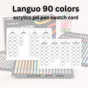 Pode incluir: Um conjunto de canetas de gel acrílico com um cartão de amostras. O cartão exibe 90 cores, organizadas por famílias de cores como verde, azul e rosa/vermelho. O texto no cartão diz "Languo 90 cores acrylics gel pen swatch card."