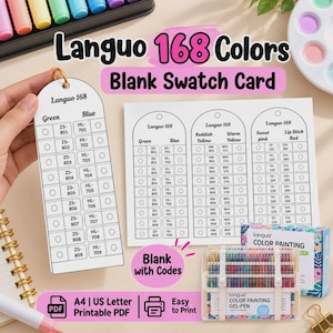 以下が含まれることがあります： Languo 168 Blank Swatch Cardと書かれた白い紙のカラーチャートセット。ZS-801やHL-701などのカラーコード用列があり、上部は丸く穴が開いています。168色のゲルペンセットが付属しています。