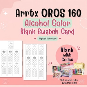以下が含まれることがあります： 「Arrtx OROS 160 Alcohol Color Blank Swatch Card」のテキストが入ったピンクと白のグラフィック。 「Digital Download」のテキストと、空白のサンプルカードの画像が含まれています。 160色のアルコールカラー見本も表示されています。