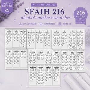 Peut inclure: Un fichier PDF imprimable au format A4 à télécharger, présentant 216 nuanciers pour marqueurs à alcool. Le document comporte des colonnes organisées avec des étiquettes comme verts froids, jaunes, bleus et gris, avec des formes de nuages.