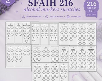 SFAIH 216-kleuren alcoholmarker kleurenkaart, printbaar, dubbele punt (beitel- en fijne punt), blanco A4/US Letter PDF, direct te downloaden