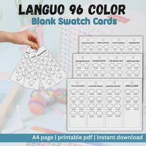 May include: A set of LANGUO 96 COLOR Blank Swatch Cards on a metal ring, featuring white rectangular paper tags with cloud-shaped outlines for color testing. Each tag is labeled with categories like green series, blue series, and dopamine.