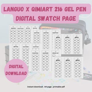 May include: A digital swatch page for Languo x Qimiart 216 gel pens, featuring multiple white rectangular tags with cloud-shaped outlines for colour testing. The printable PDF includes labels for various tones like dopamine, glitter, and skin tone.