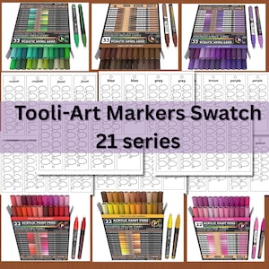 May include: An assortment of art supplies, featuring marker sets and acrylic paint pens. The image shows open boxes of markers in diverse colour palettes, alongside swatch sheets. The text "Tooli-Art Markers Swatch 21 series" is displayed.