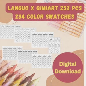Pode incluir: Um conjunto de 252 cartões de amostras de cores rotulados LANGUO X QIMIART, com 234 amostras de cores com vários nomes como verde, mostarda, roxo e tons de pele. A imagem inclui um aviso de download digital e uma coleção de marcadores.