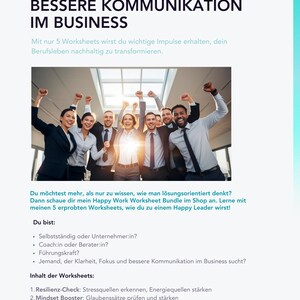 Puede incluir: Imagen promocional para un Happy Work 5ER Worksheet Bundle. La imagen presenta un grupo diverso de profesionales con los brazos levantados. El texto incluye "Encuentra claridad, enfoque y mejor comunicaci&oacute;n en los negocios".