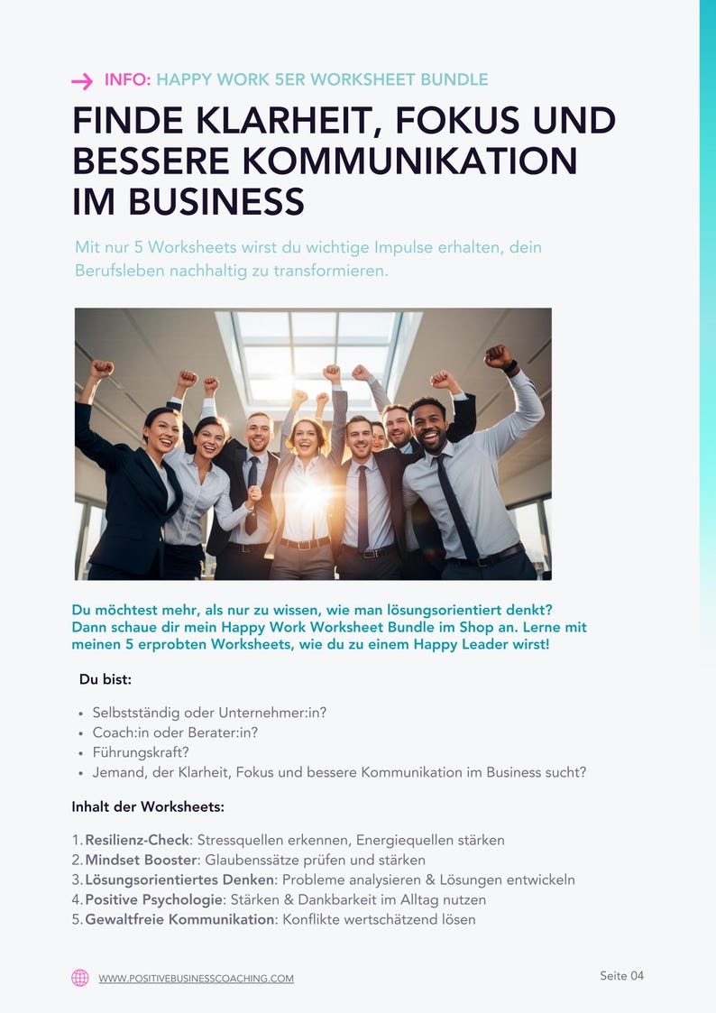 Puede incluir: Imagen promocional para un Happy Work 5ER Worksheet Bundle. La imagen presenta un grupo diverso de profesionales con los brazos levantados. El texto incluye "Encuentra claridad, enfoque y mejor comunicaci&oacute;n en los negocios".