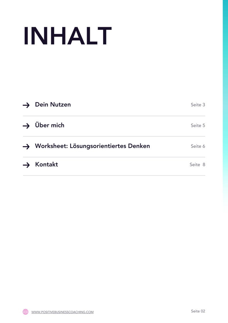 Puede incluir: Un documento blanco con el t&iacute;tulo "INHALT" en azul oscuro. Enumera secciones como "Dein Nutzen", "&Uuml;ber mich", "Worksheet: L&ouml;sungsorientiertes Denken" y "Kontakt", con los n&uacute;meros de p&aacute;gina correspondientes. La direcci&oacute;n del sitio web es visible en la parte inferior.