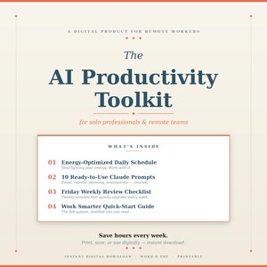 Op de afbeelding: Een digitaal product genaamd "The AI Productivity Toolkit" voor werknemers op afstand en zelfstandige professionals. De afbeelding heeft een crèmekleurige achtergrond met de tekst "What's Inside" en bevat vier functies: Energie-geoptimaliseerd dagschema, Klaar-voor-gebruik Claude Prompts, Wekelijkse Review Checklist en Quick-Start Guide.