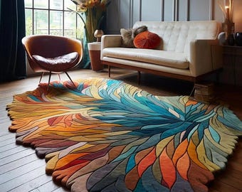 Tappeto in lana trapuntato a mano a forma di foglia astratta, tappeto artistico moderno e colorato, tappeto di design realizzato a mano, arredamento contemporaneo per il soggiorno.