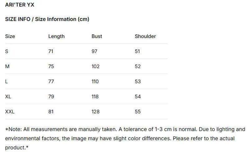 May include: Size information chart for a garment, with measurements in centimeters. The chart includes sizes S, M, L, XL, and XXL, with corresponding length, bust, and shoulder measurements. The text also includes a note about measurement tolerances.
