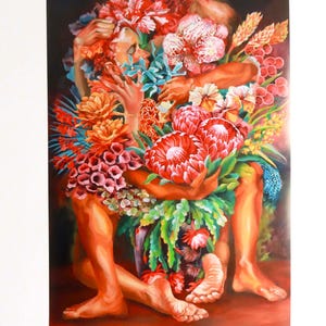 May include: An artistic painting depicts two figures intertwined, their forms obscured by a vibrant array of flowers. The artwork features a rich palette of reds, oranges, and greens, creating a visually striking composition. The figures' legs and feet are visible.