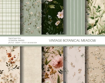 Vintage botanische Wiese Digitale Papiere | Cottagecore nahtlose Blumenmuster (Digitaler Download)