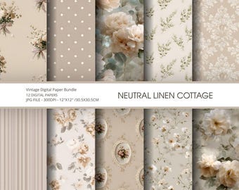 Neutral Beige Vintage Floral Digitales Papier | Shabby Chic Nahtlose Muster (Digitaler Download)
