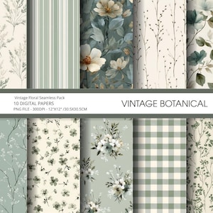 May include: A collection of ten digital papers with vintage floral and botanical designs. The patterns include floral, striped, and checkered motifs in shades of green, cream, and white. The text on the image reads "Vintage Floral Seamless Pack" and "Vintage Botanical".