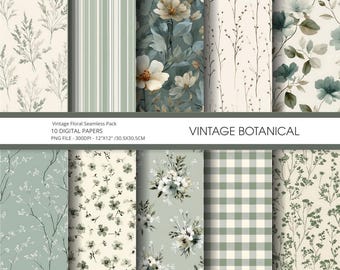 Stimmungsvoller Salbei Botanisches Digitales Papier | Vintage Cottage Floral Seamless Pattern-Pack (10 Blättchen)