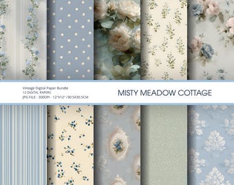 Cottage auf der nebligen Wiese Digitales Papier | Vintage Blumenmuster (Digitaler Download)
