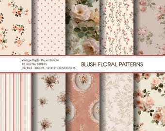 Rosa Blumen-Digital-Papier, Vintage-Kinderzimmer-Muster, kokette Baby-Dusche-Hintergründe (digitaler Download)