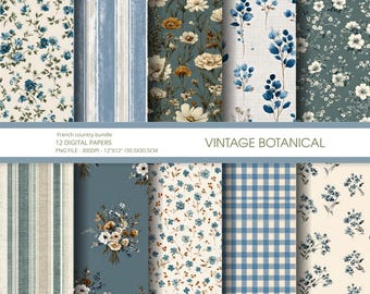 Französisches Land Floral Digitales Papier Set | Salbei-Grün Vintage Botanische Muster (12 Blättchen)