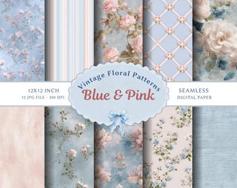 Vintage Blumen Digitales Papier Set | Blau Rosa Grandmillennial Pattern (Digitaler Download)