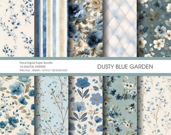 Staubig Blau Garten Digitales Papier | Vintage botanische nahtlose Muster für Scrapbooking & Hochzeitsprintables