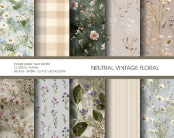 Neutrales Vintage Blumen Digital Paper Pack | Botanische Wiese Muster | Cottagecore Scrapbook Papier, nahtlose Hintergründe