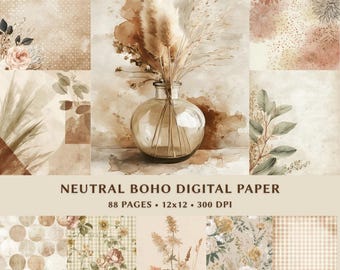 Neutral Boho Digitales Papier | Beige Floral Scrapbook Papier | Pampasgras Textur | Vintage Landhaus-Muster, 12x12, 300 DPI