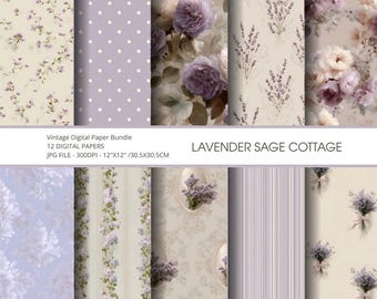 Lavendel Sage Cottage Digitales Papier Set | Vintage Floral Seamless Muster (12 JPG)
