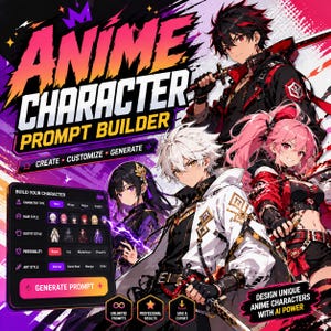 May include: A digital interface titled ANIME CHARACTER PROMPT BUILDER featuring a menu to select character type, hair style, outfit, personality, and art style. The graphic displays four anime-style characters in red, black, white, and purple.