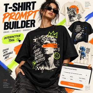 Puede incluir: Una camiseta negra con un gráfico de una cabeza de estatua clásica, una pincelada naranja sobre los ojos, una corona verde, una cara sonriente amarilla y el texto Good Ideas Better Outfits y Art Lives on Cotton.
