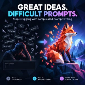 Puede incluir: Un gráfico digital con el texto GREAT IDEAS. DIFFICULT PROMPTS. Stop struggling with complicated prompt writing. Una persona está sentada frente a un cuadro de texto, mientras un zorro naranja low-poly está en una montaña bajo la luna.