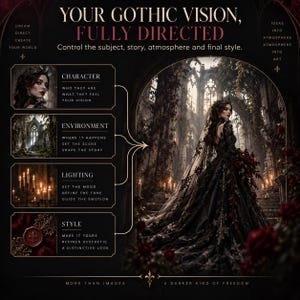 Op de afbeelding: Een digitale afbeelding met de titel YOUR GOTHIC VISION, FULLY DIRECTED met tekst en vier kleine afbeeldingen genaamd CHARACTER, ENVIRONMENT, LIGHTING en STYLE. Een grote centrale afbeelding toont een persoon in een zwarte jurk in een ruïne.
