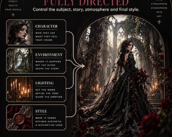 May include: A digital graphic titled YOUR GOTHIC VISION, FULLY DIRECTED featuring text and four inset images labeled CHARACTER, ENVIRONMENT, LIGHTING, and STYLE. A large central image shows a person in a black gown standing in a ruined stone cathedral.